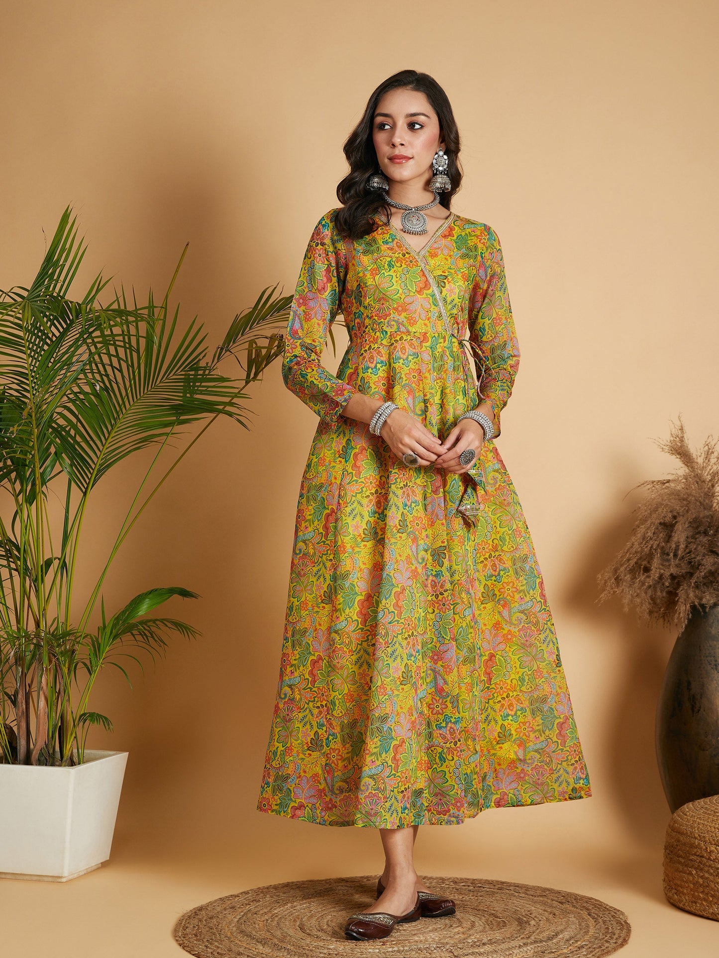 Lemon Yellow Floral Anarkali Maxi Dress-Shae by SASSAFRAS