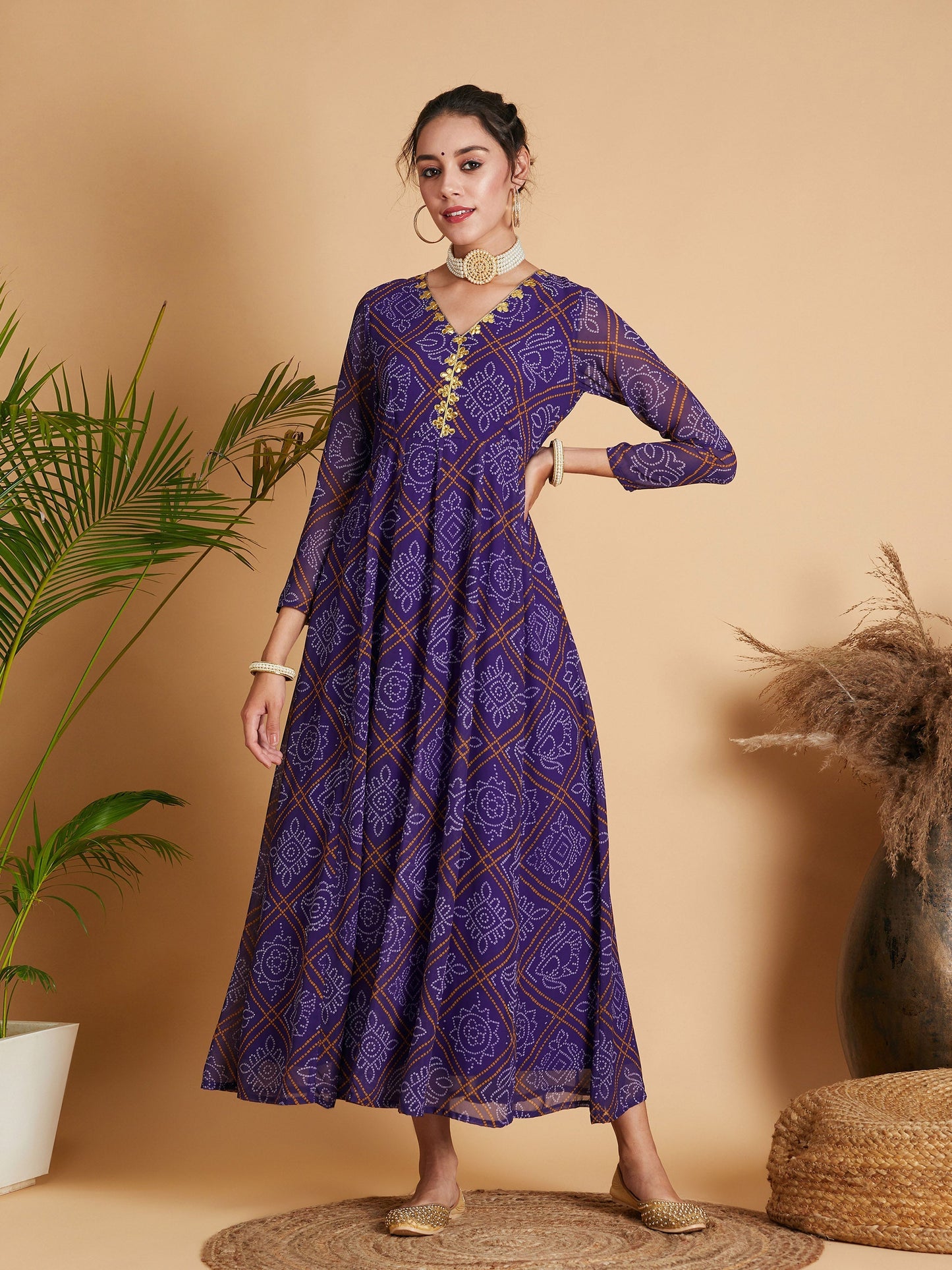 Purple & White Bandhej Anarkali Dress