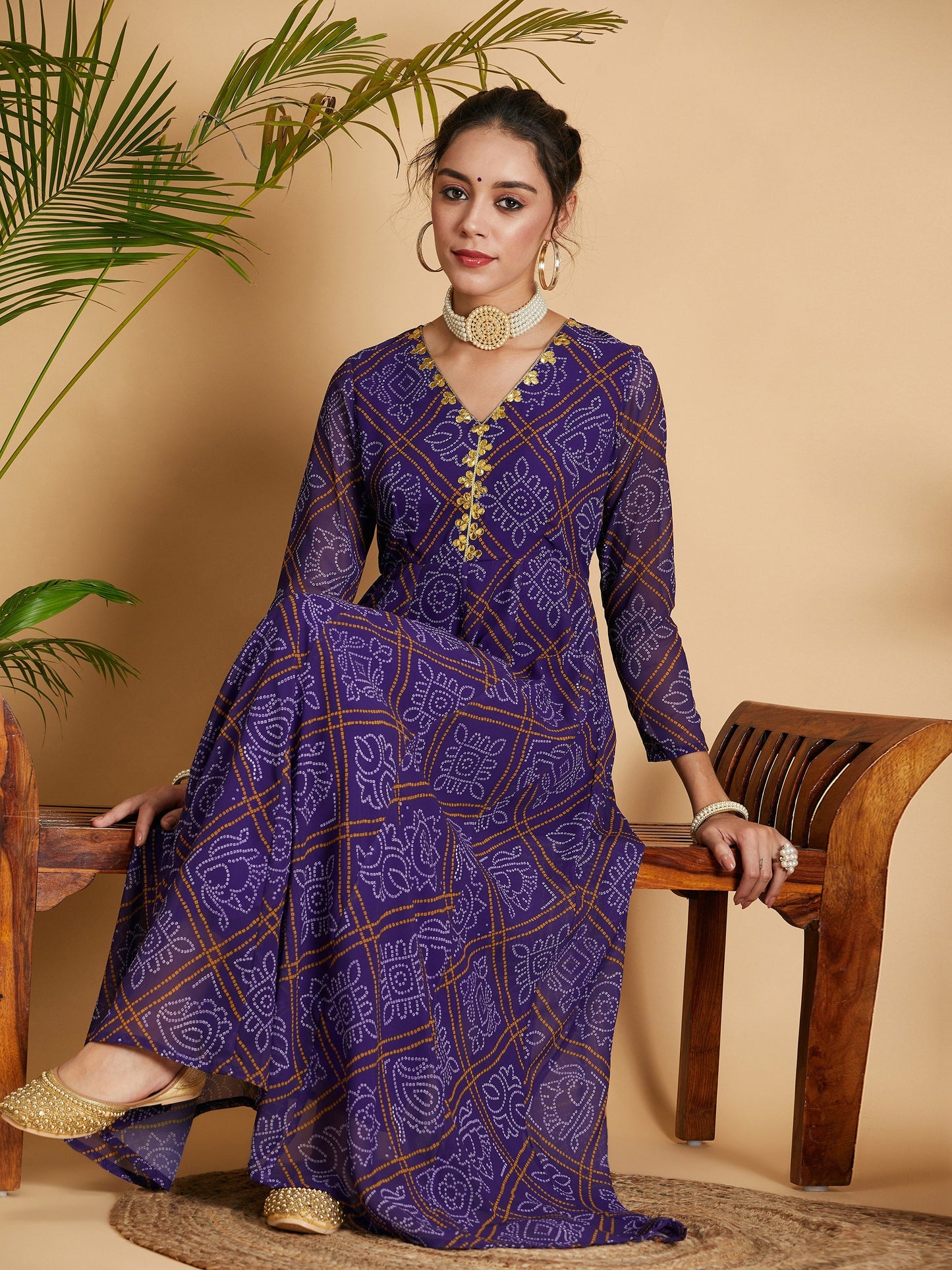 Purple & White Bandhej Anarkali Dress