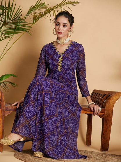 Purple & White Bandhej Anarkali Dress