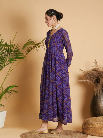 Purple & White Bandhej Anarkali Dress