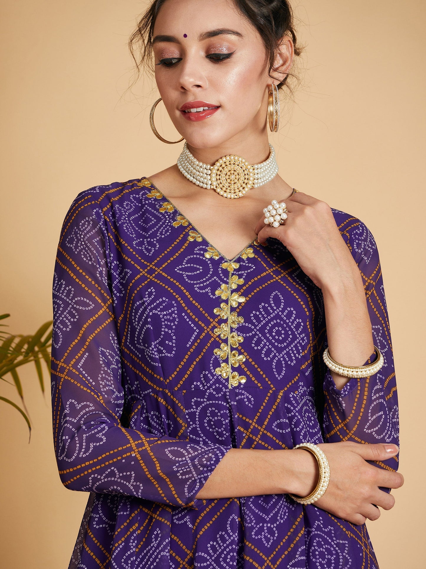 Purple & White Bandhej Anarkali Dress