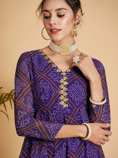 Purple & White Bandhej Anarkali Dress