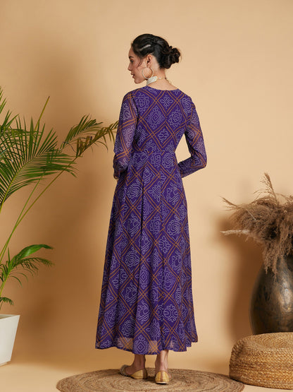 Purple & White Bandhej Anarkali Dress
