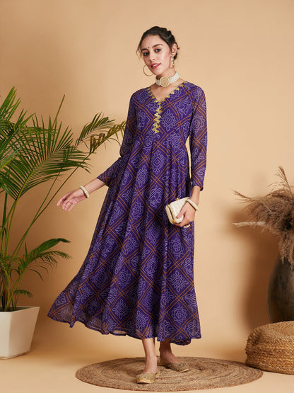 Purple & White Bandhej Anarkali Dress