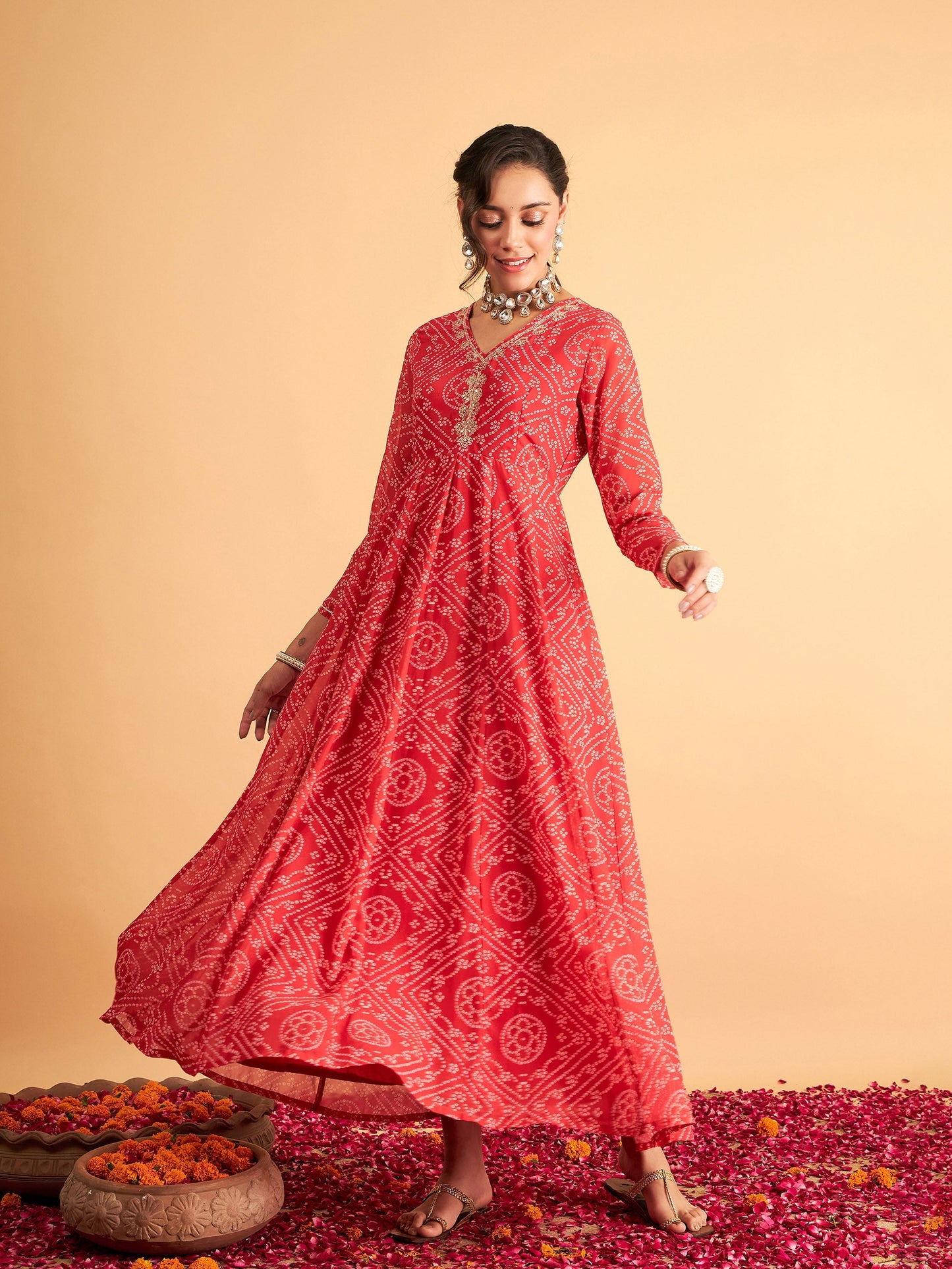 Red & White Bandhej Anarkali Dress