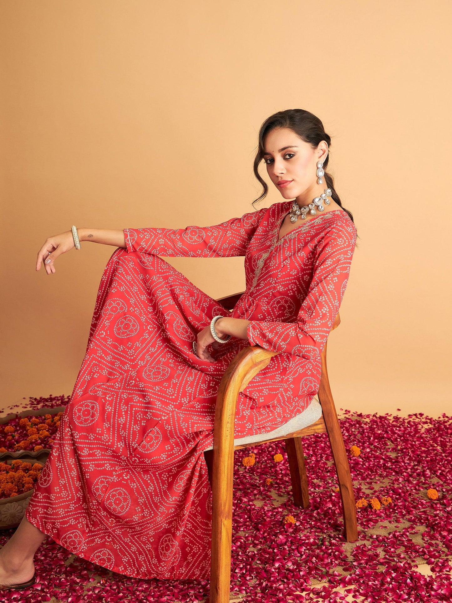 Red & White Bandhej Anarkali Dress