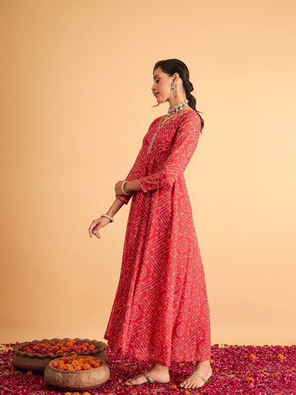 Red & White Bandhej Anarkali Dress