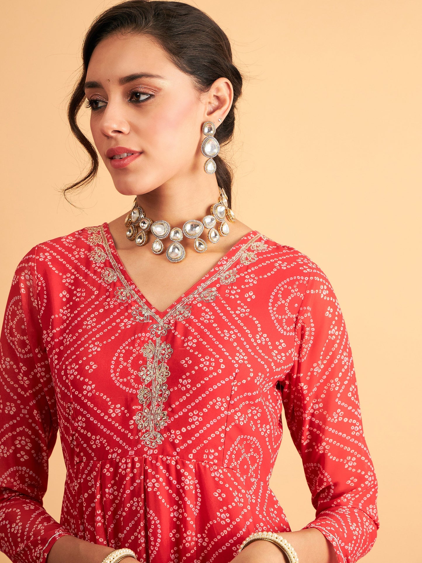 Red & White Bandhej Anarkali Dress
