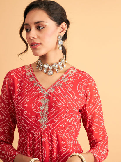 Red & White Bandhej Anarkali Dress