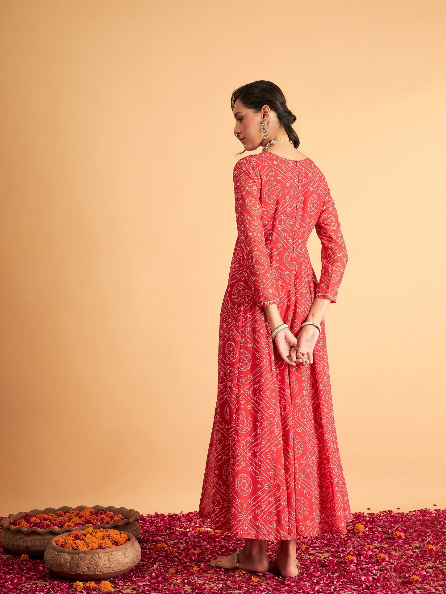 Red & White Bandhej Anarkali Dress