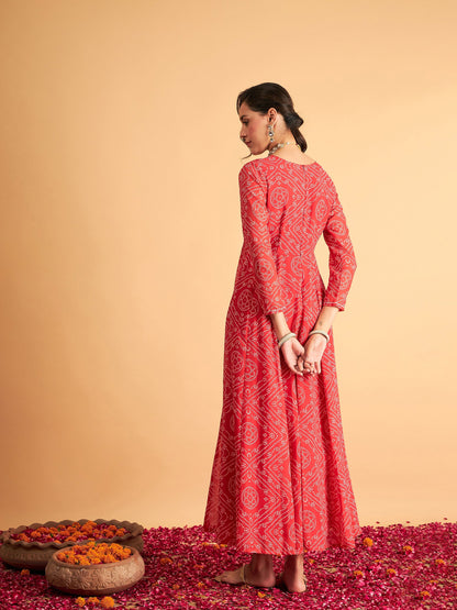 Red & White Bandhej Anarkali Dress