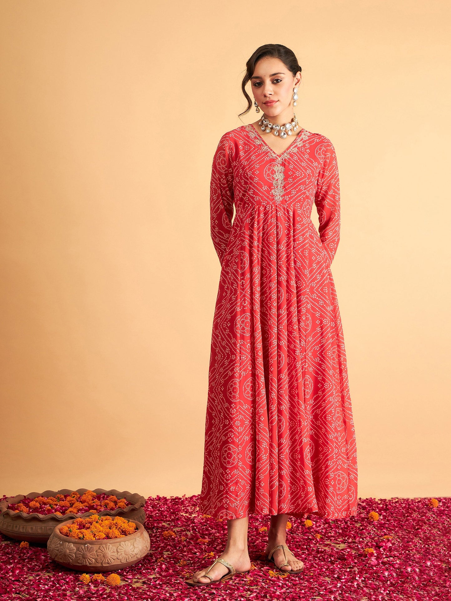 Red & White Bandhej Anarkali Dress
