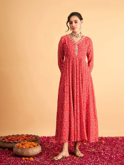 Red & White Bandhej Anarkali Dress
