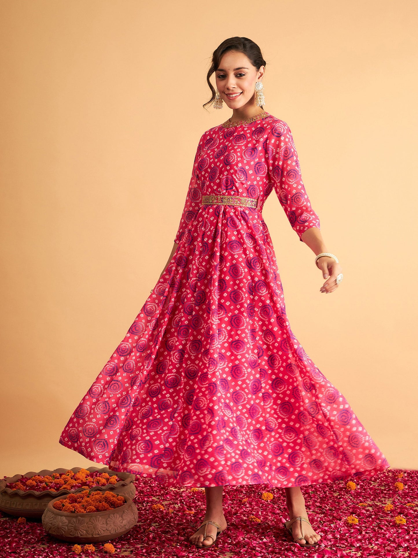 Fuchsia & Blue Bandhej Anarkali Dress
