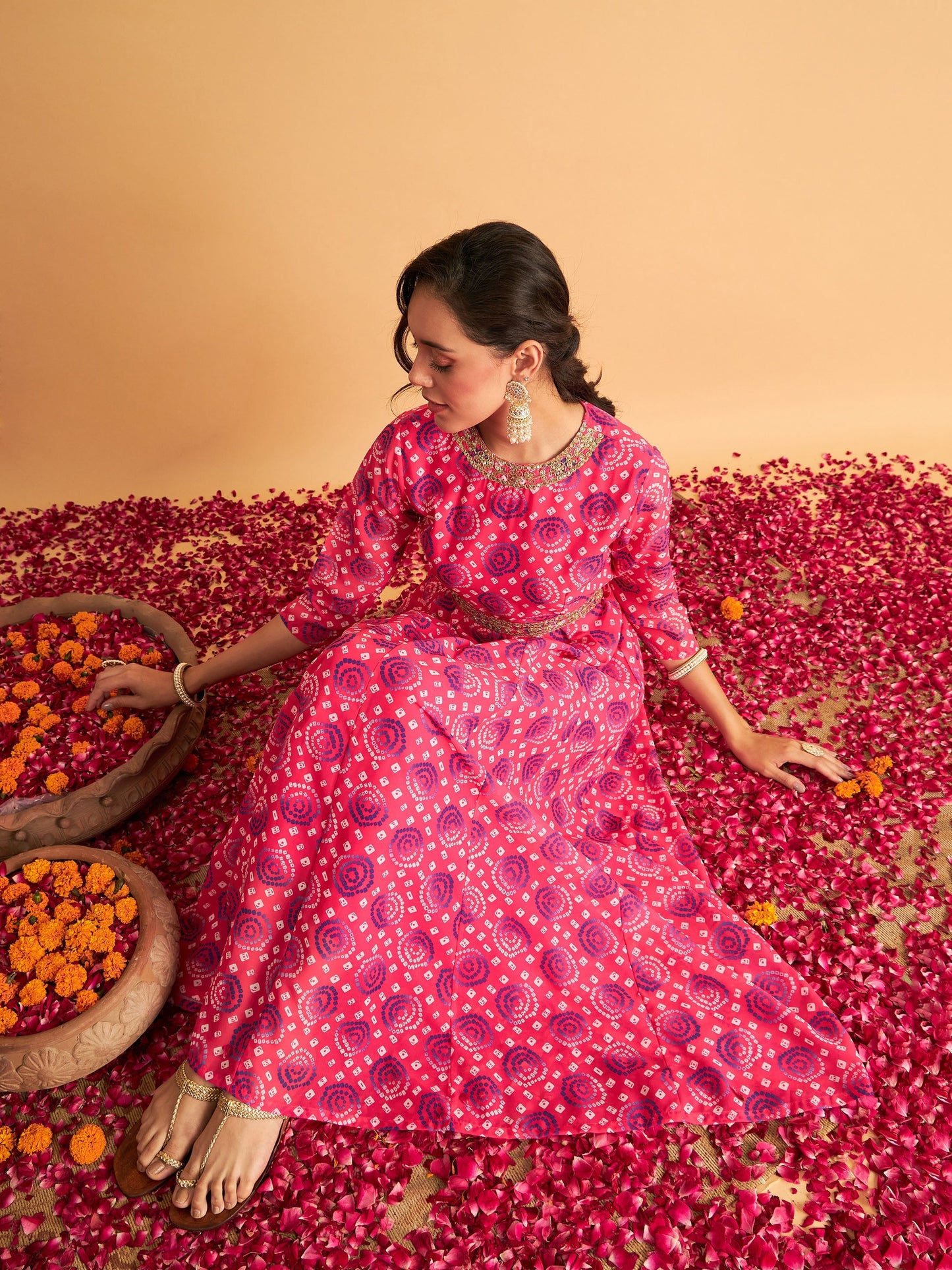 Fuchsia & Blue Bandhej Anarkali Dress