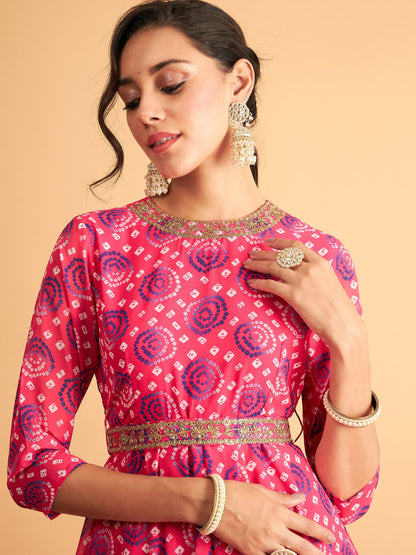 Fuchsia & Blue Bandhej Anarkali Dress