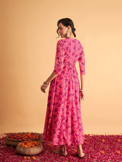 Fuchsia & Blue Bandhej Anarkali Dress