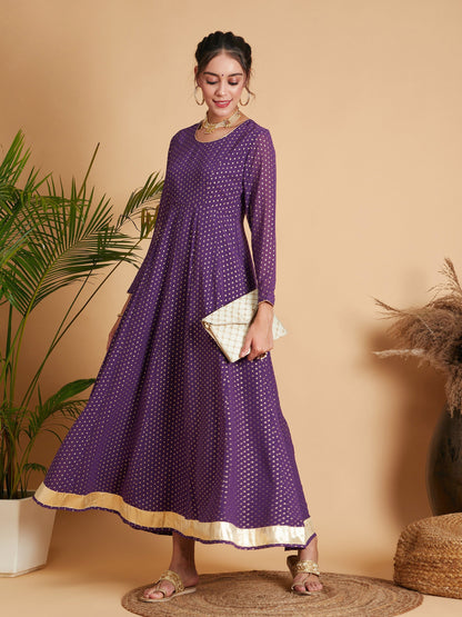 Purple Dot Foil Print Anarkali Dress