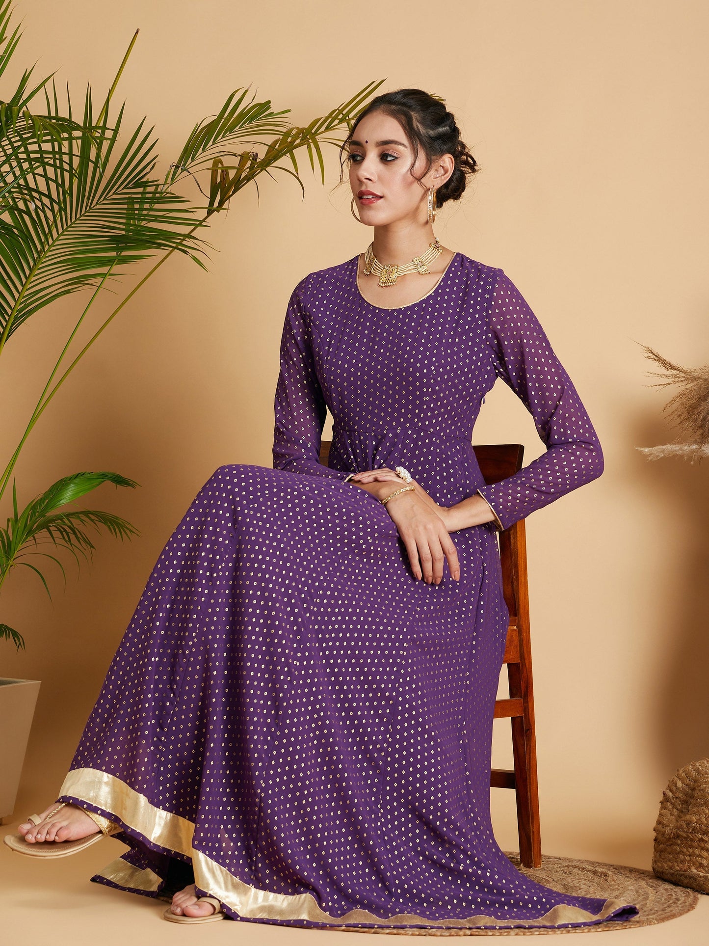 Purple Dot Foil Print Anarkali Dress