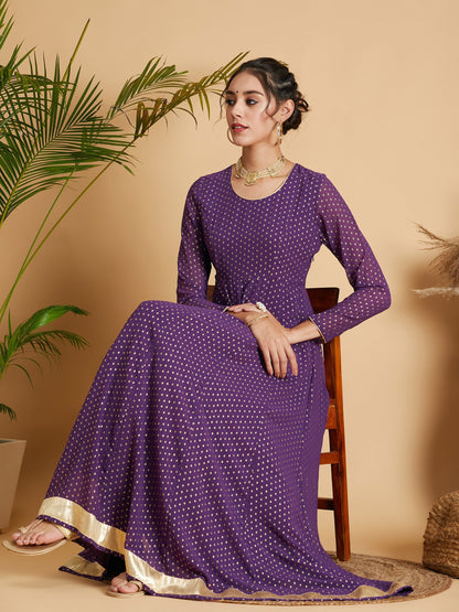 Purple Dot Foil Print Anarkali Dress