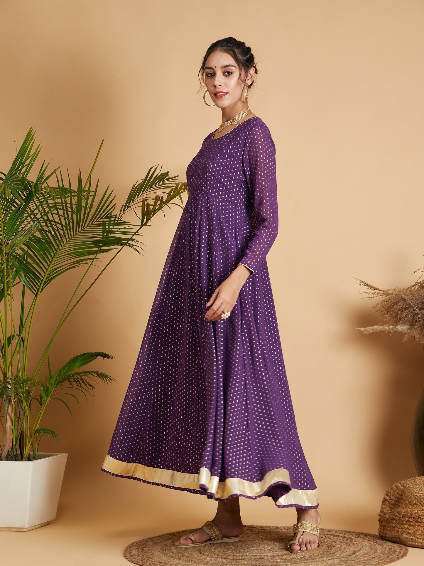 Purple Dot Foil Print Anarkali Dress
