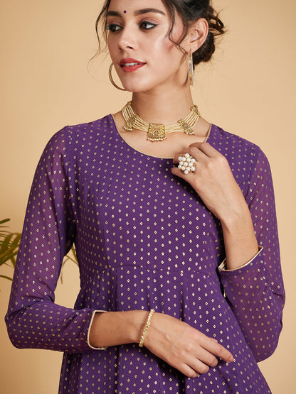 Purple Dot Foil Print Anarkali Dress