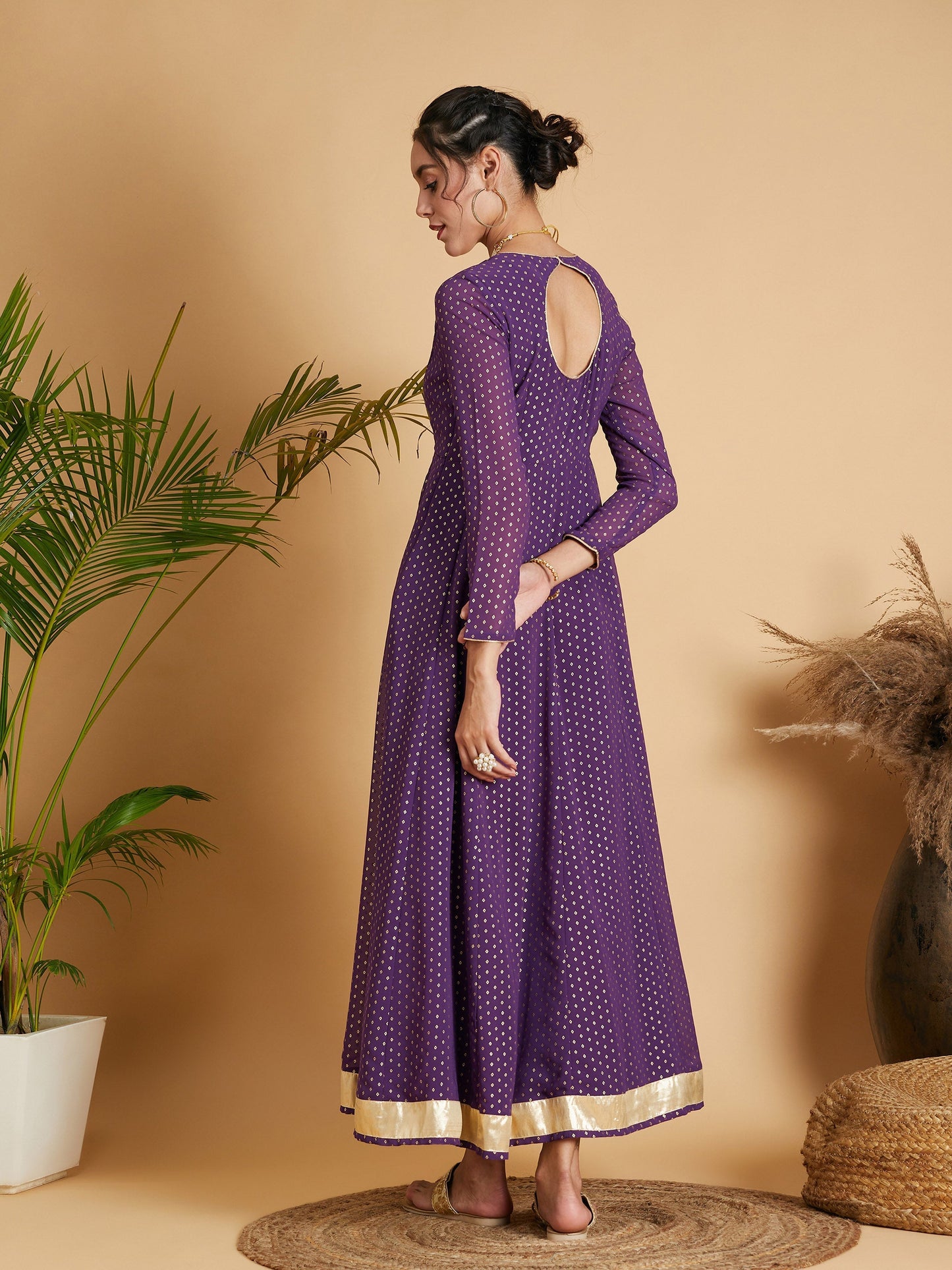 Purple Dot Foil Print Anarkali Dress
