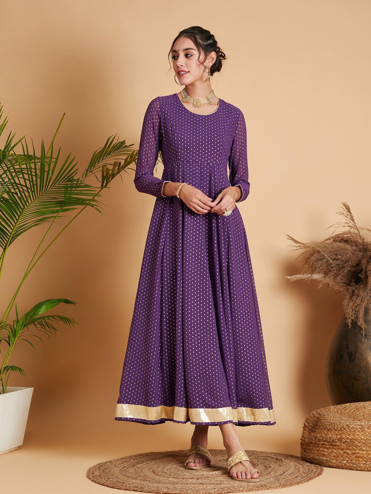 Purple Dot Foil Print Anarkali Dress