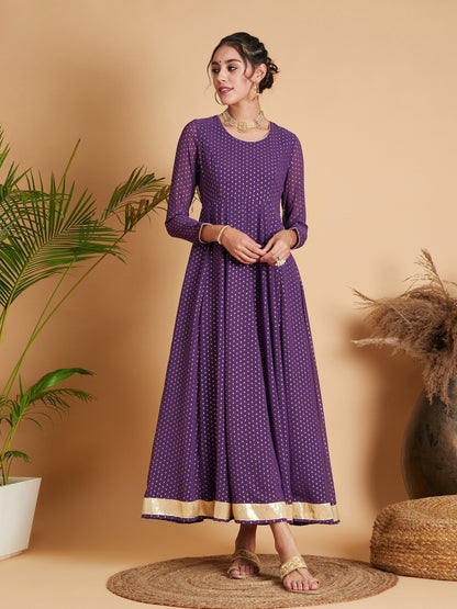 Purple Dot Foil Print Anarkali Dress