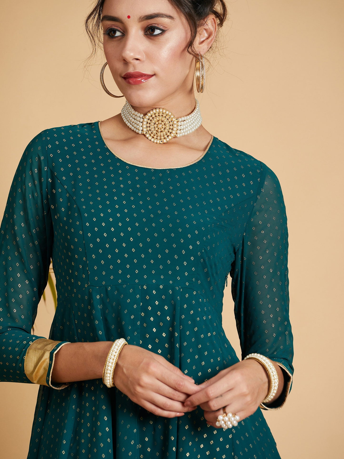 Emerald Dot Foil Print Anarkali Dress