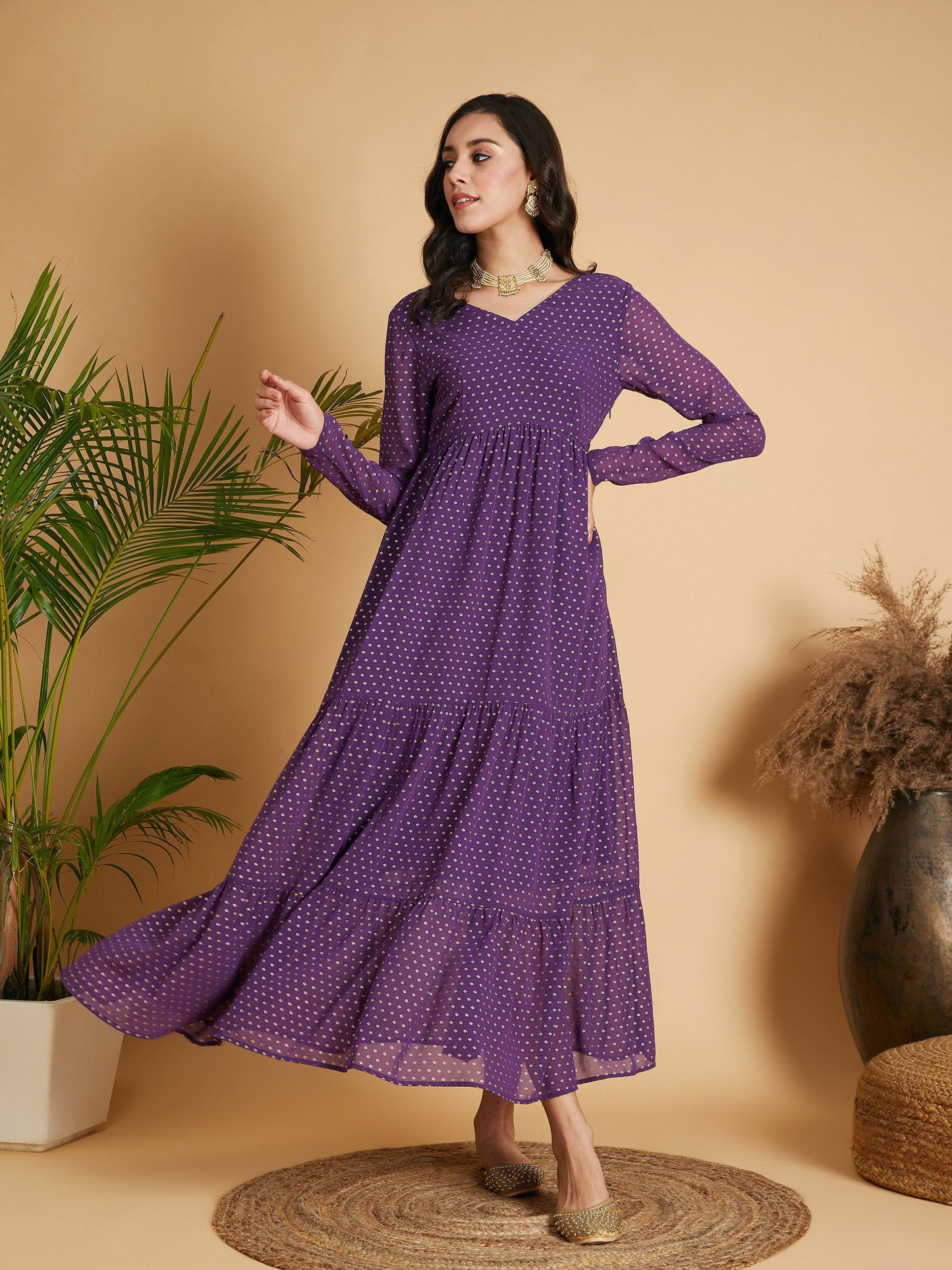 Purple Dot Foil Print Tiered Maxi Dress