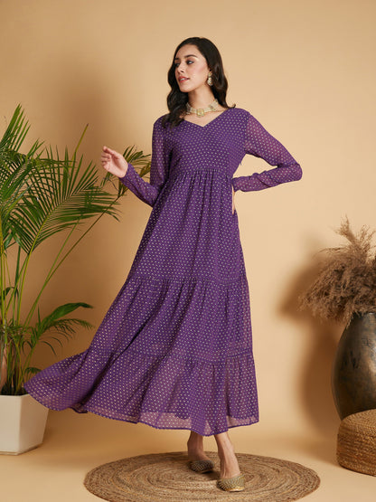 Purple Dot Foil Print Tiered Maxi Dress