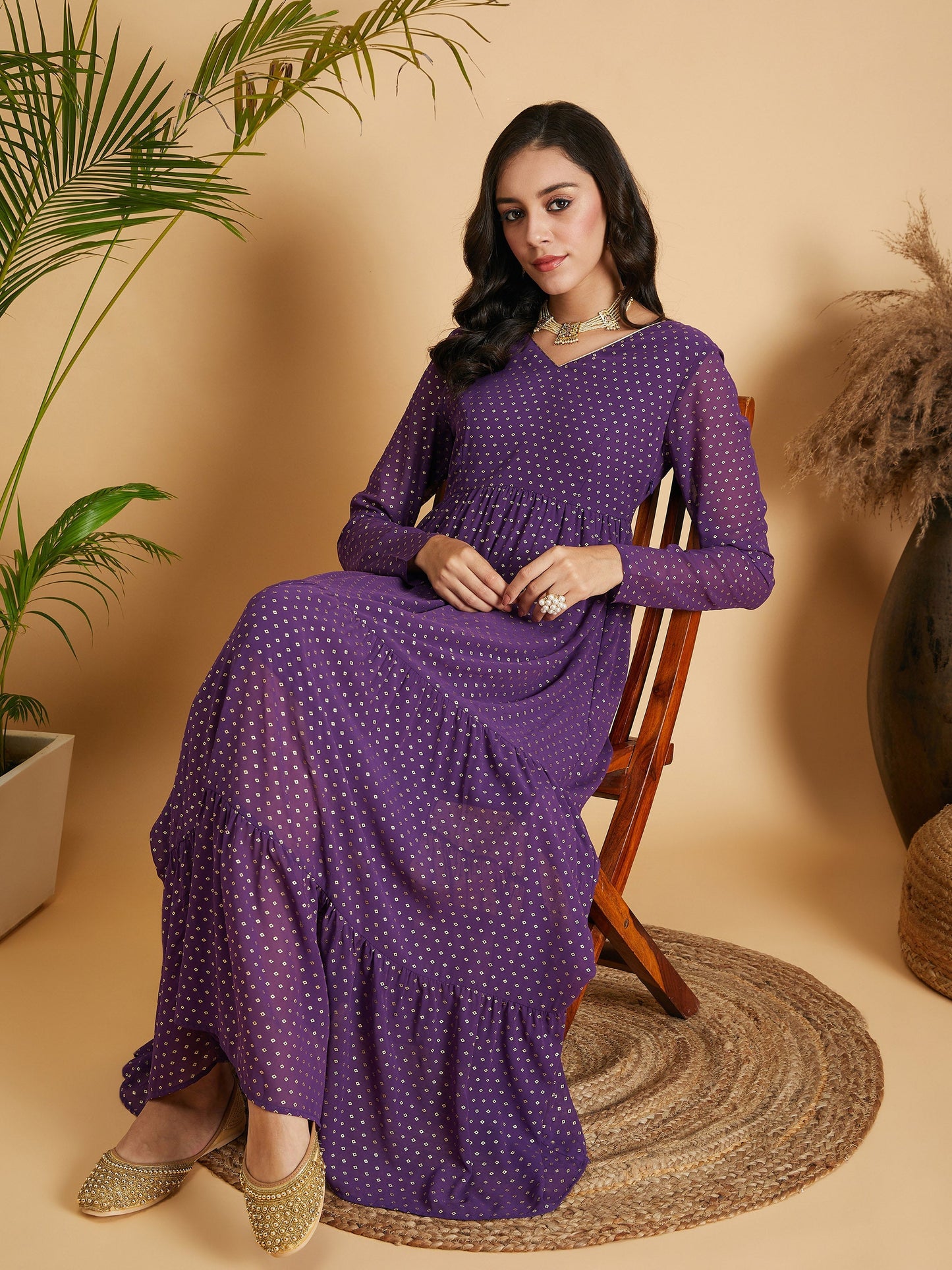 Purple Dot Foil Print Tiered Maxi Dress