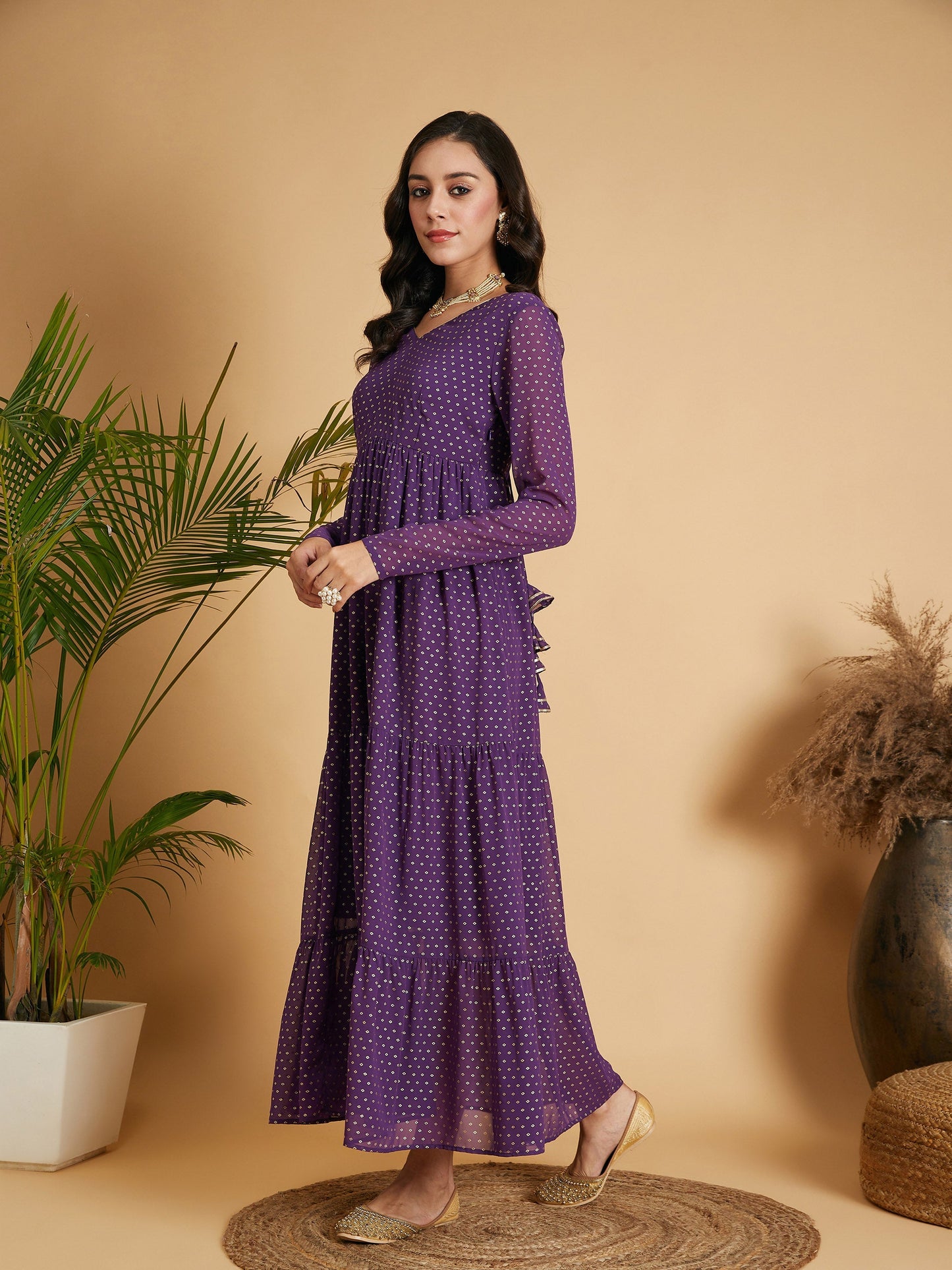 Purple Dot Foil Print Tiered Maxi Dress