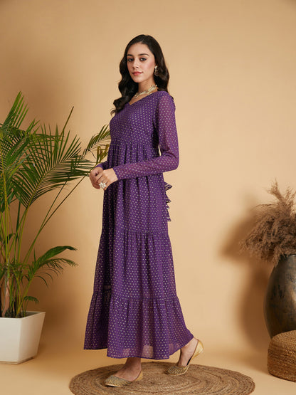 Purple Dot Foil Print Tiered Maxi Dress