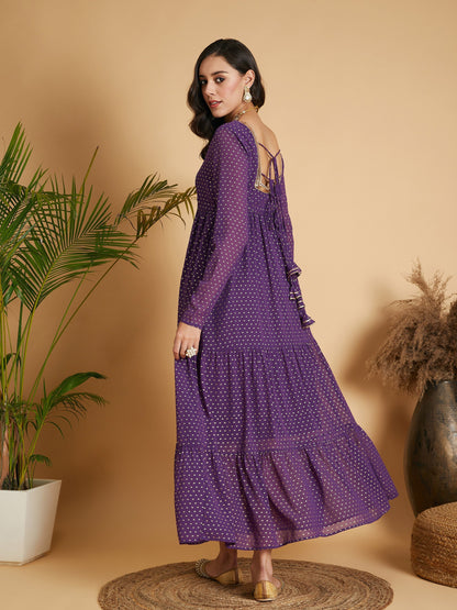 Purple Dot Foil Print Tiered Maxi Dress
