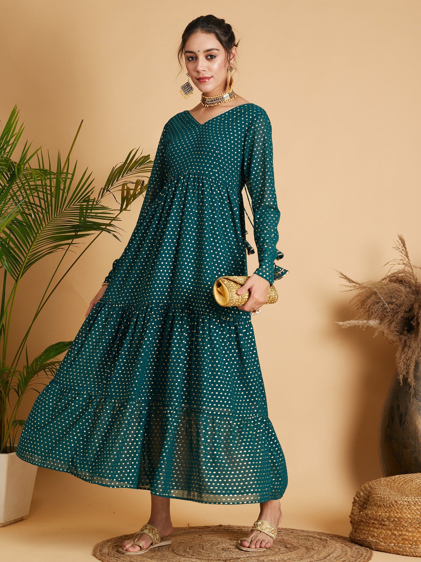 Emerald Dot Foil Print Tiered Maxi Dress