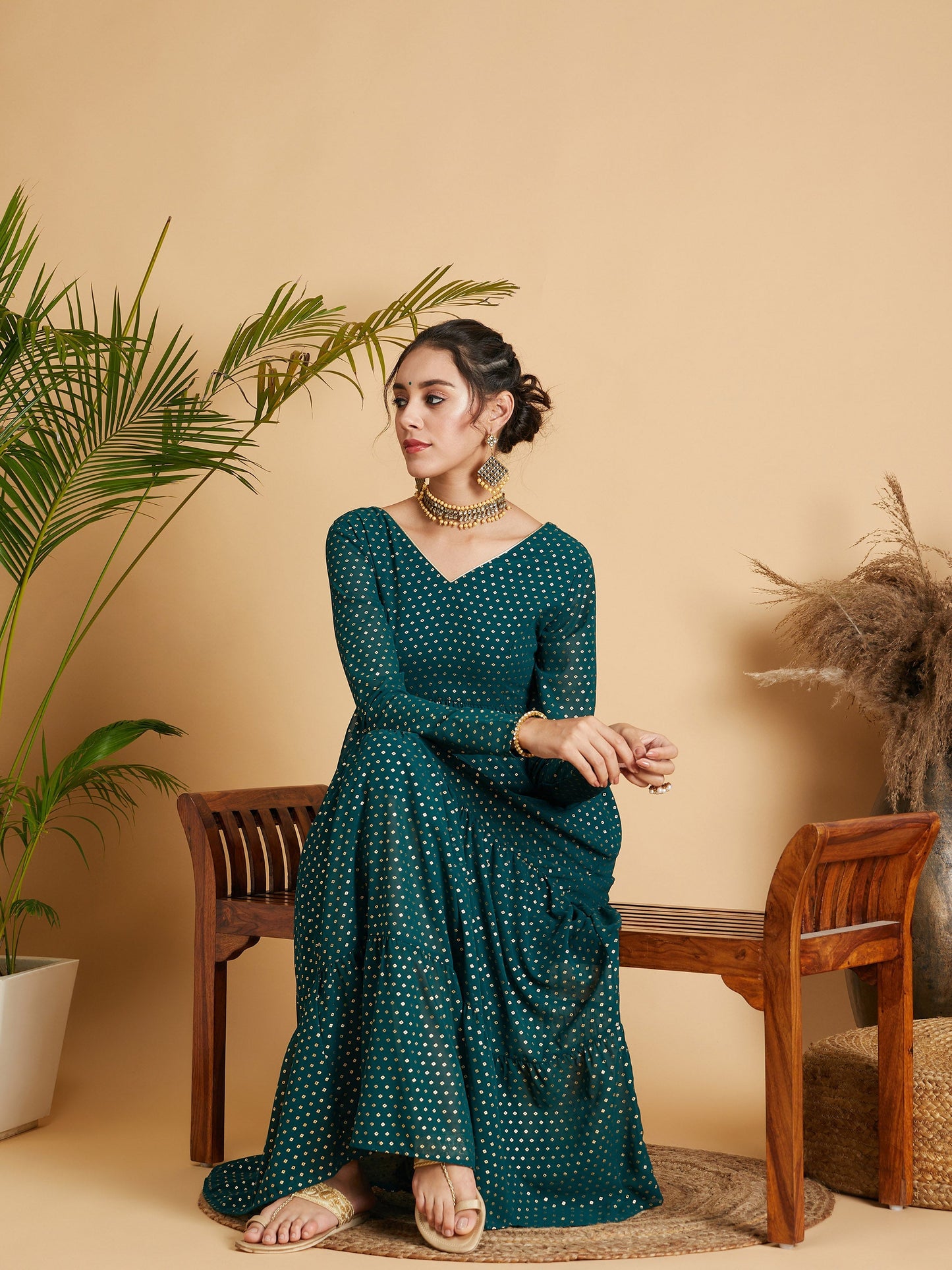 Emerald Dot Foil Print Tiered Maxi Dress