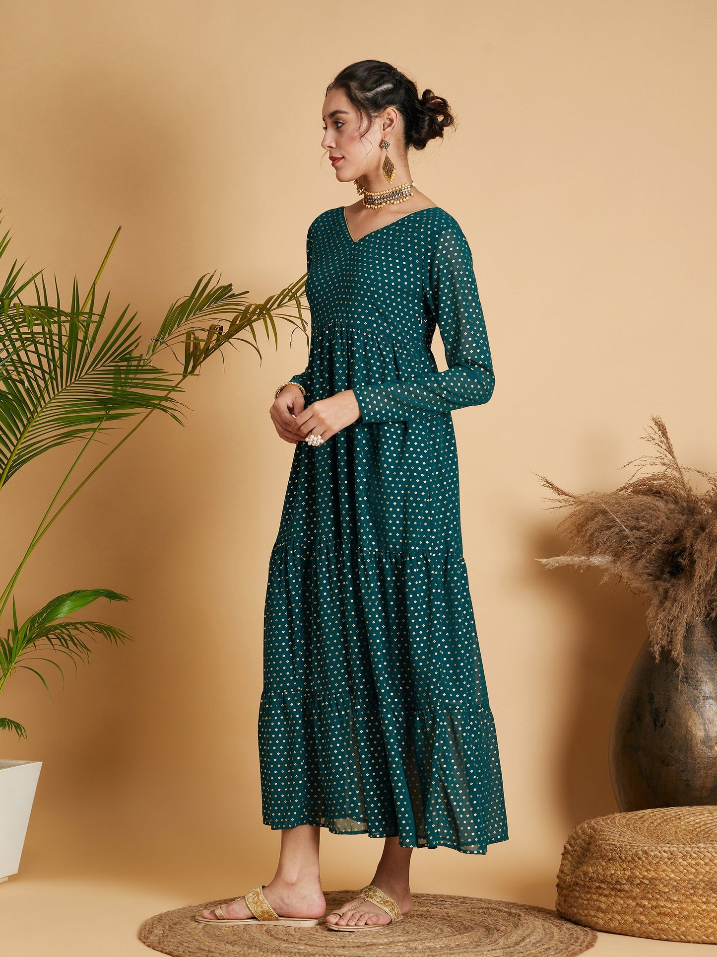 Emerald Dot Foil Print Tiered Maxi Dress