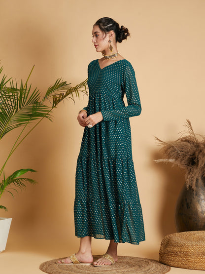 Emerald Dot Foil Print Tiered Maxi Dress