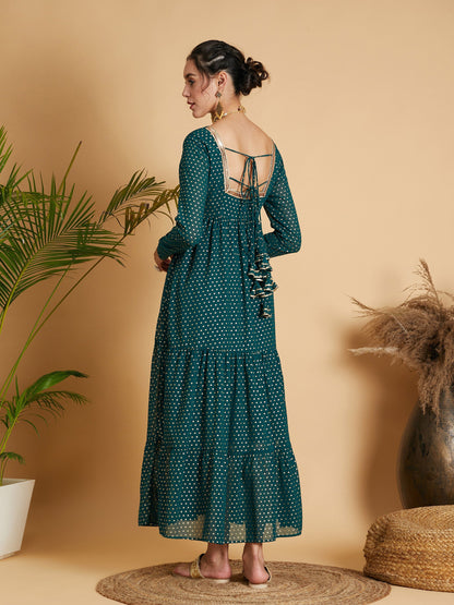 Emerald Dot Foil Print Tiered Maxi Dress