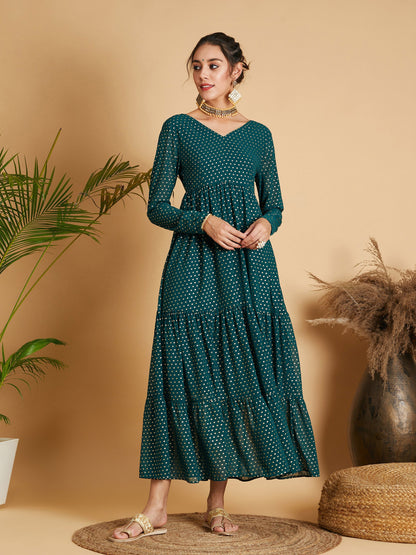 Emerald Dot Foil Print Tiered Maxi Dress