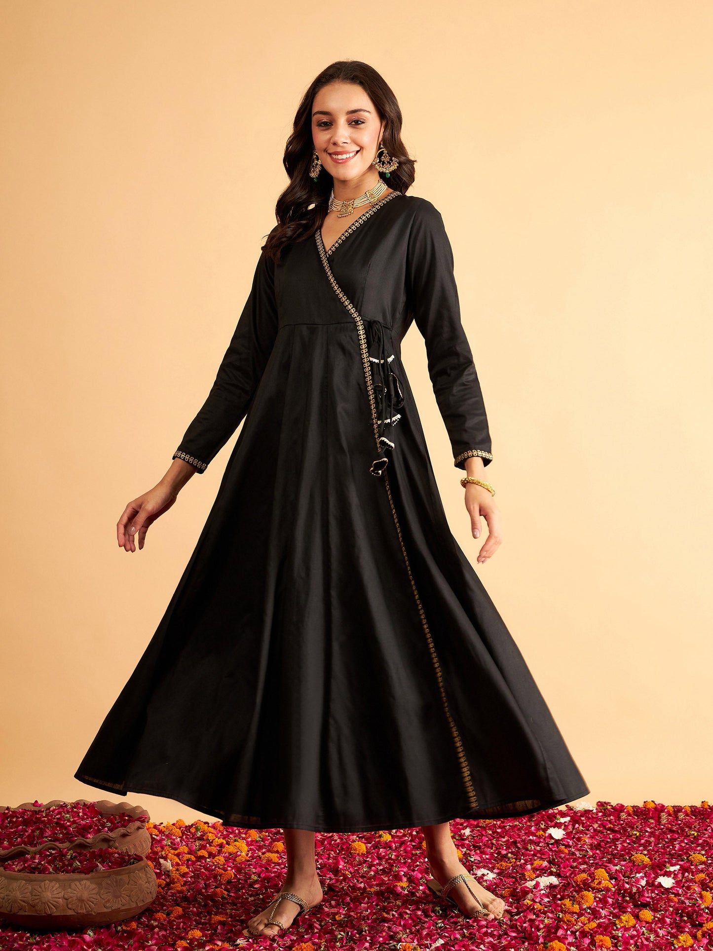 Black Angrakha Anarkali Dress With Slip