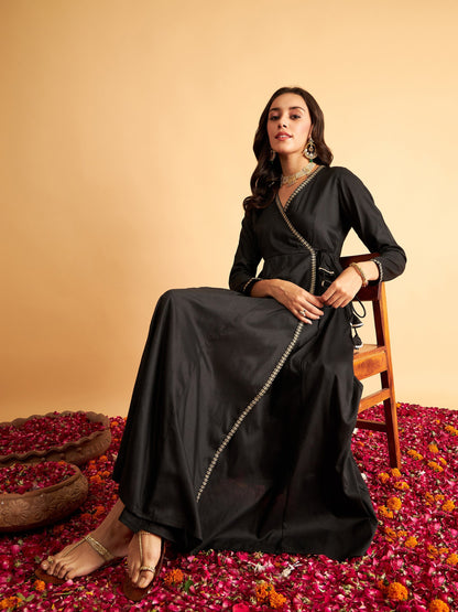 Black Angrakha Anarkali Dress With Slip