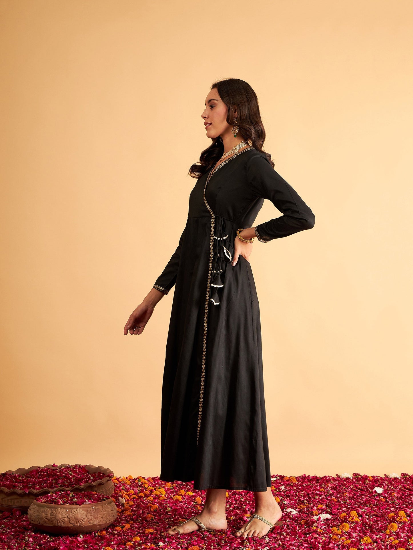 Black Angrakha Anarkali Dress With Slip