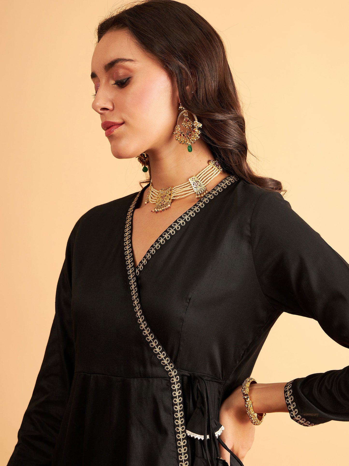 Black Angrakha Anarkali Dress With Slip