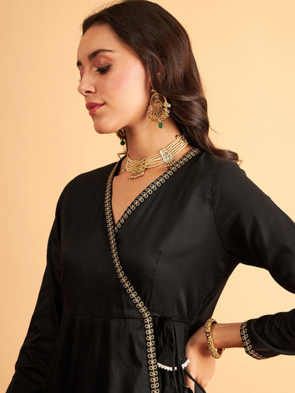 Black Angrakha Anarkali Dress With Slip