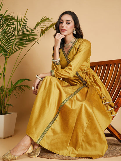 Mustard Angrakha Anarkali Dress With Slip