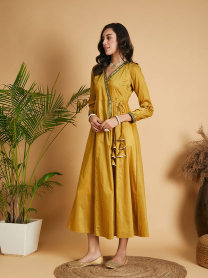 Mustard Angrakha Anarkali Dress With Slip